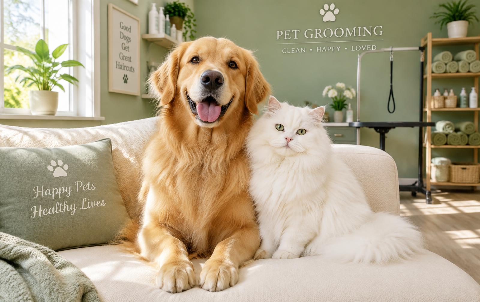Golden retriever and white cat relaxing at Happy Paws